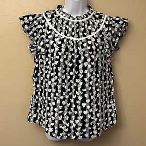 Voy Navy and Off-White Eyelet Top Size M